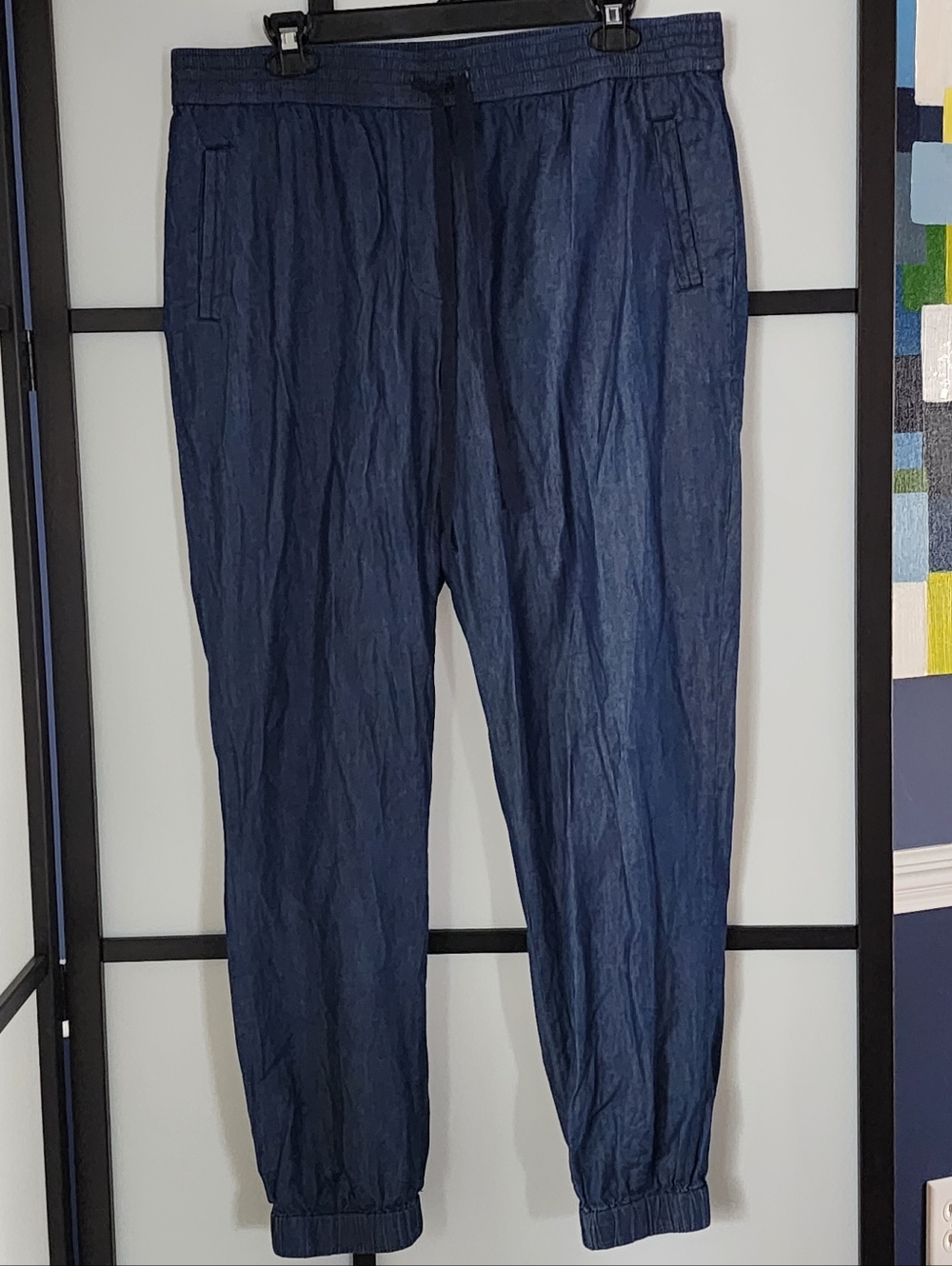 Navy Blue Chambray Jogger Pants, Sz L